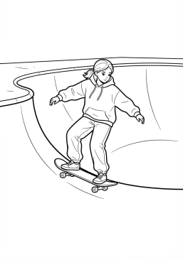 Voir le coloriage Jeune fille en sweat à capuche ample glissant gracieusement sur son skateboard dans un bowl