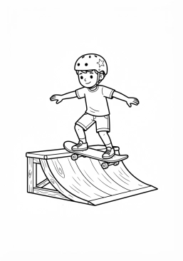 Voir le coloriage Jeune skateur apprenant l'équilibre sur une mini-rampe en bois