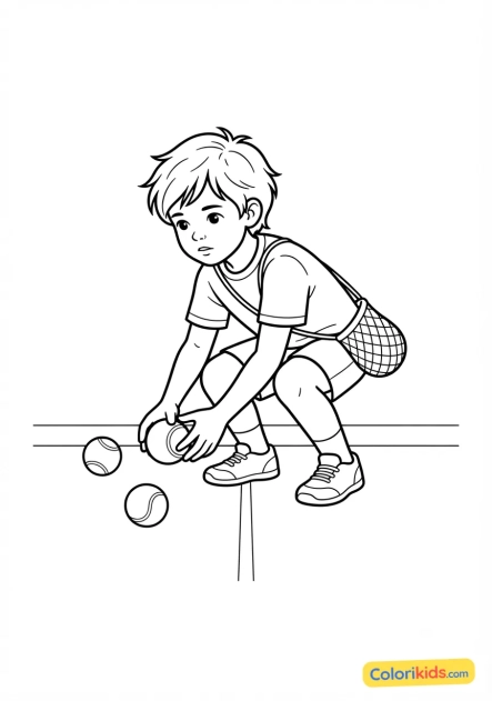 Coloriage à imprimer : enfant ramassant les balles sur le court