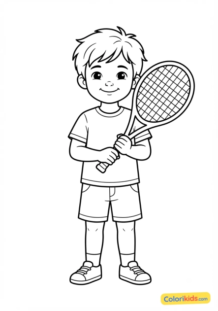 Coloriage à imprimer : enfant tenant fièrement sa première raquette
