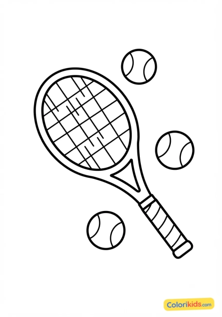 Coloriage à imprimer : raquette de tennis classique et balles