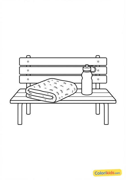 Coloriage à imprimer : serviette éponge et bouteille d'eau sur le banc