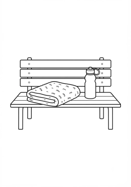 Voir le coloriage Serviette éponge et bouteille d'eau sur le banc