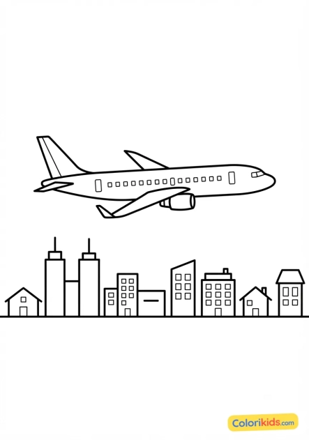 Ausmalbild zum Ausdrucken: passagierflugzeug über einer Großstadt