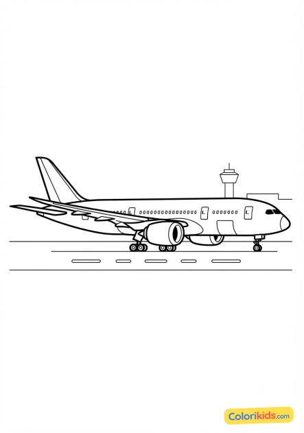 Dibujo para colorear para imprimir: avión comercial en una pista de aeropuerto
