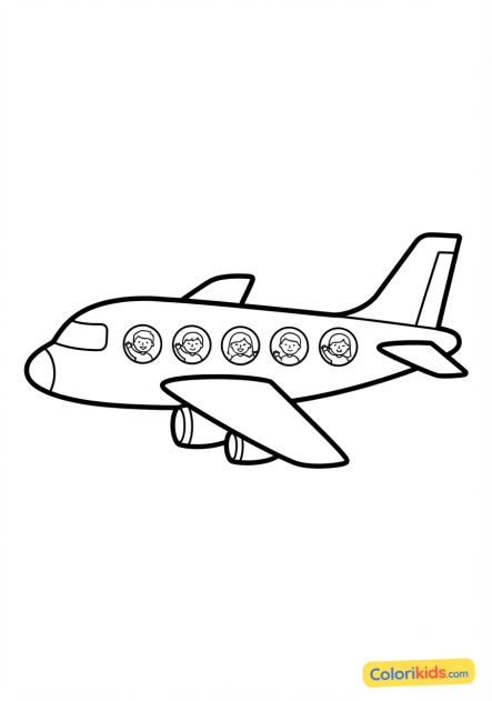 Dibujo para colorear para imprimir: avión comercial con pasajeros en las ventanillas
