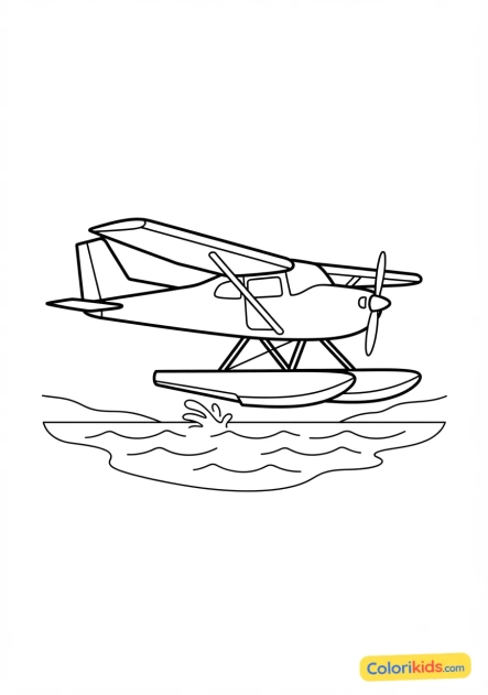 Dibujo para colorear para imprimir: hidroavión aterrizando en un lago azul