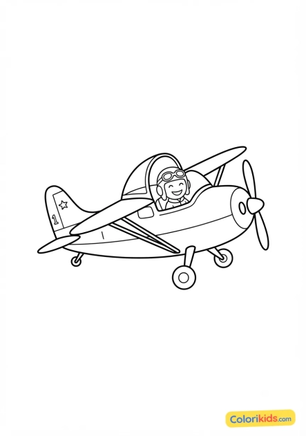 Ausmalbild zum Ausdrucken: kleines Flugzeug mit lächelndem Piloten