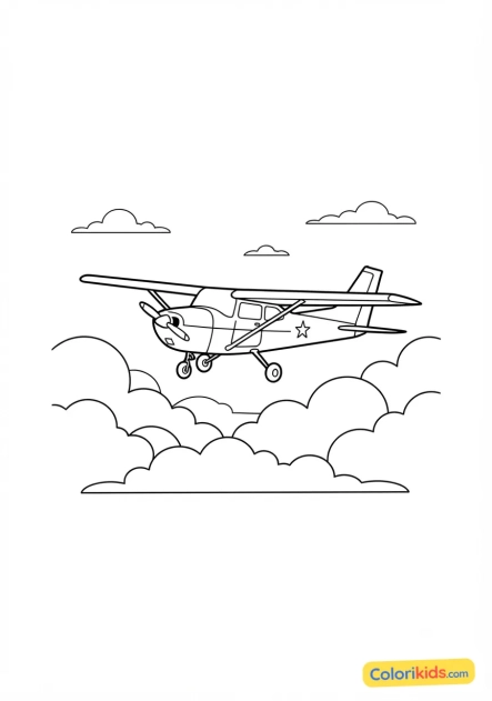 Ausmalbild zum Ausdrucken: kleines Touristenflugzeug über den Wolken