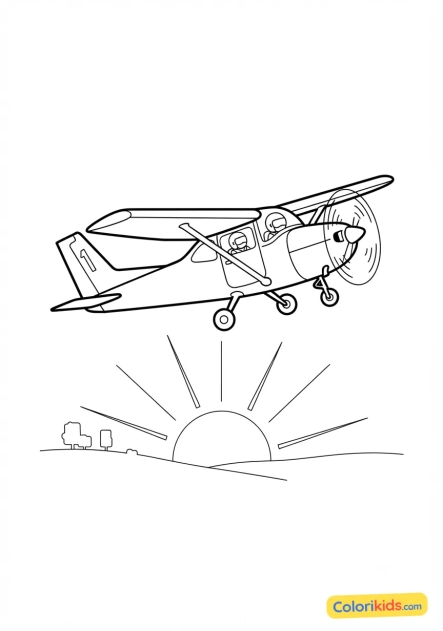 Desenho para colorir para imprimir: avião de turismo voando em direção ao pôr do sol