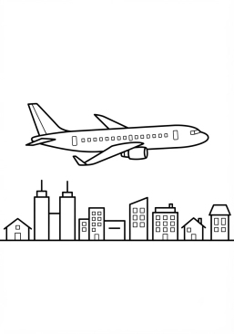 Malvorlage Passagierflugzeug über einer Großstadt