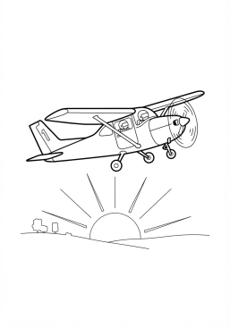 Malvorlage Touristenflugzeug fliegt auf einen Sonnenuntergang zu