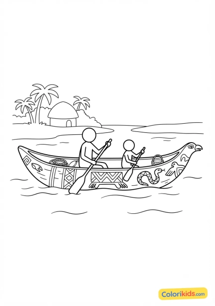 Coloriage à imprimer : pirogue en bois sculpté sur un fleuve tropical