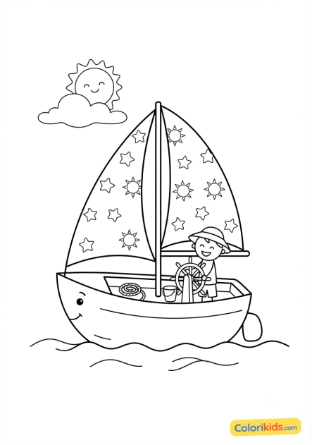 Coloriage à imprimer : voilier optimiste pour enfant sur l'eau