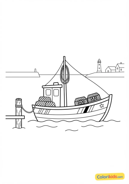 Printable coloring page: colorful fishing boat in an Atlantic port