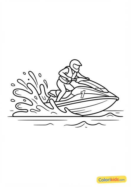 Coloriage à imprimer : jet-ski rapide éclaboussant l'eau ensoleillée