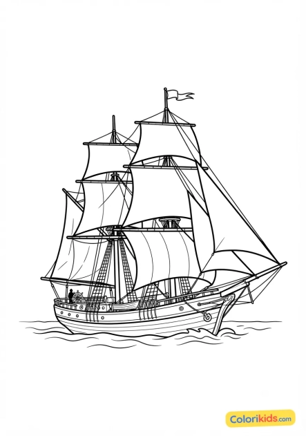 Coloriage à imprimer : grand voilier naviguant avec ses voiles blanches