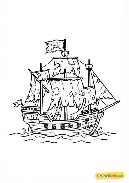 Coloriage à imprimer : vieux galion pirate aux voiles déchirées
