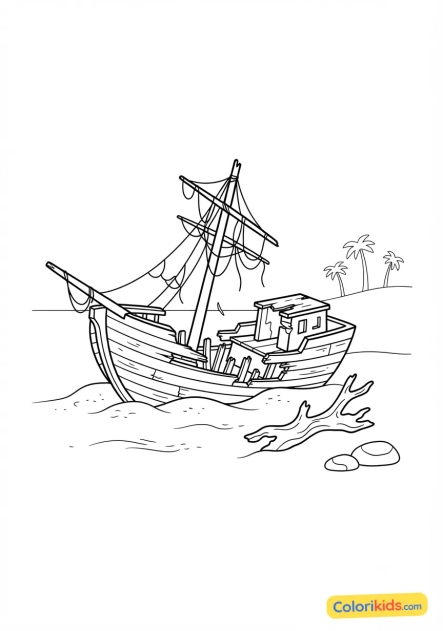 Coloriage à imprimer : vieux bateau naufragé échoué sur une plage