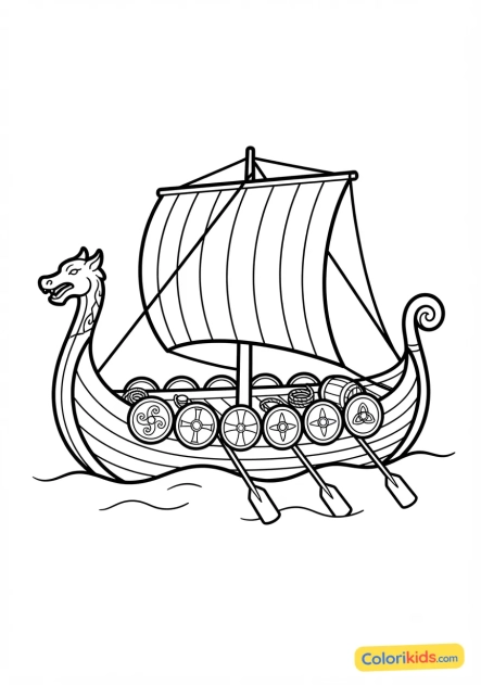 Coloriage à imprimer : vieux navire viking à rames et dragon