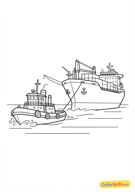 Coloriage à imprimer : remorqueur puissant tractant un grand navire