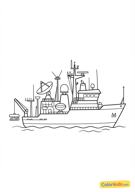 Coloriage à imprimer : navire océanographique scientifique bardé d'antennes