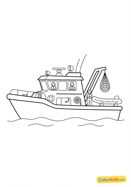 Printable coloring page: sea rescue boat with its equipment