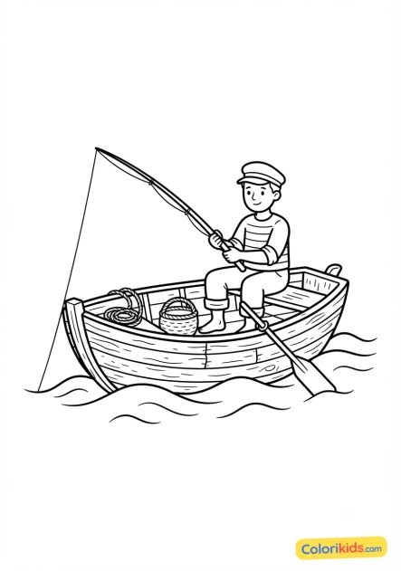 Coloriage à imprimer : pêcheur traditionnel sur sa barque en bois