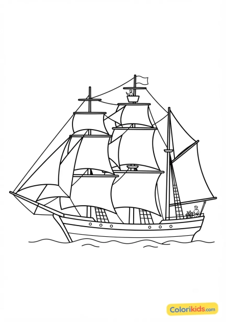 Coloriage à imprimer : voilier traditionnel à trois mâts toutes voiles dehors