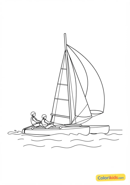 Coloriage à imprimer : catamaran à deux coques naviguant au vent