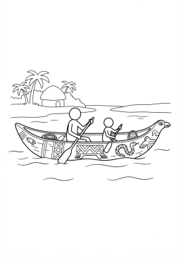 Voir le coloriage Pirogue en bois sculpté sur un fleuve tropical