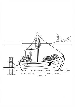 Voir le coloriage Barque de pêche colorée dans un port de l'Atlantique