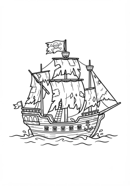 Voir le coloriage Vieux galion pirate aux voiles déchirées