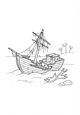 Voir le coloriage Vieux bateau naufragé échoué sur une plage