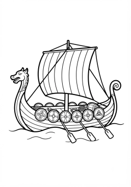 Voir le coloriage Vieux navire viking à rames et dragon