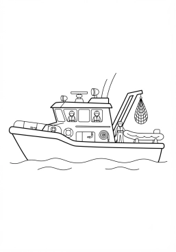 Voir le coloriage Bateau de sauvetage en mer avec ses équipements