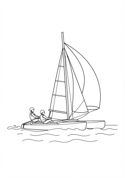 Voir le coloriage Catamaran à deux coques naviguant au vent