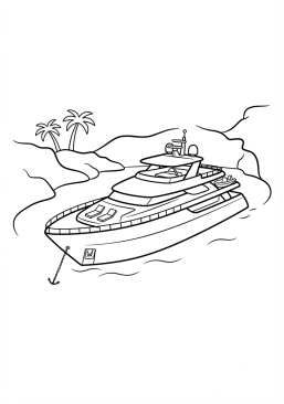 Voir le coloriage Yacht de luxe blanc ancré dans une crique