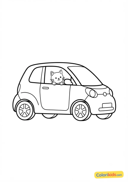 Dibujo para colorear para imprimir: coche urbano con un gato mirando por la ventana