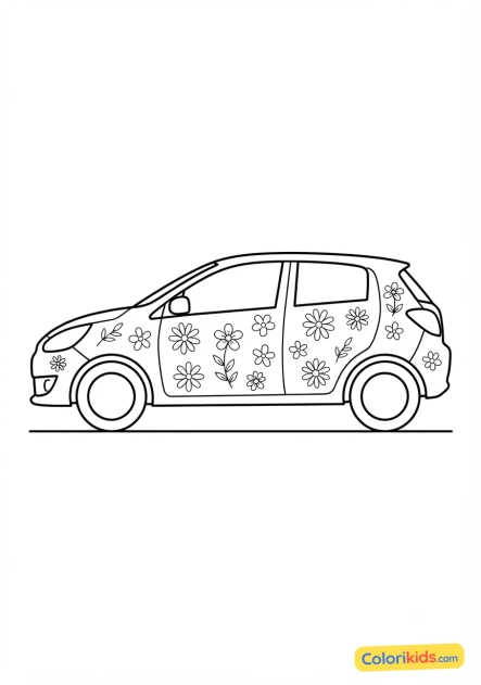 Desenho para colorir para imprimir: carro urbano colorido com flores desenhadas na carroceria