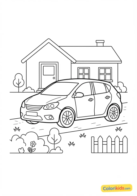 Dibujo para colorear para imprimir: coche familiar aparcado frente a una casa con jardín