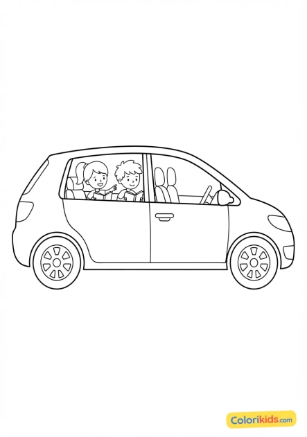 Desenho para colorir para imprimir: carro familiar com crianças lendo no banco de trás