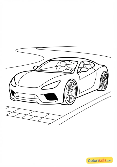 Ausmalbild zum Ausdrucken: schnelles Sportcoupé auf einer Rennstrecke