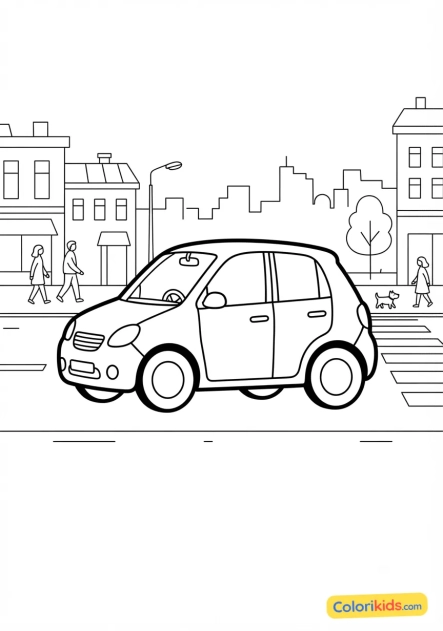 Ausmalbild zum Ausdrucken: modernes Stadtauto in einer belebten Straße