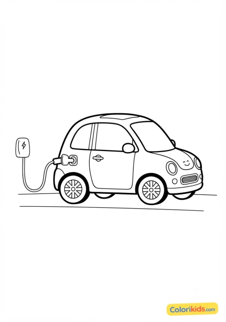 Ausmalbild zum Ausdrucken: kleines Elektroauto mit Ladeanschluss
