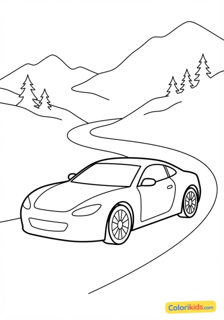 Ausmalbild zum Ausdrucken: sportwagen auf einer kurvigen Bergstraße