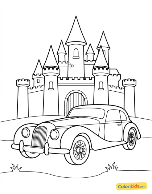 Ausmalbild zum Ausdrucken: elesantes Auto vor einem großen Schloss