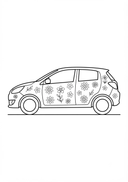 Malvorlage Buntes Stadtauto mit auf die Karosserie gezeichneten Blumen