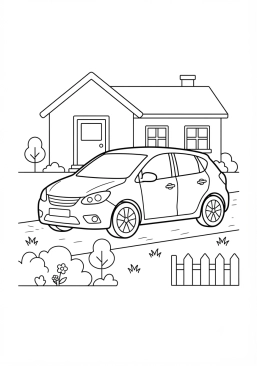 Malvorlage Vor einem Haus mit Garten geparktes Familienauto