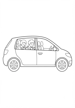 Malvorlage Familienauto mit Kindern, die hinten lesen